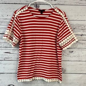 J. Crew Red and White Striped Top with Pom-Pom Accents
